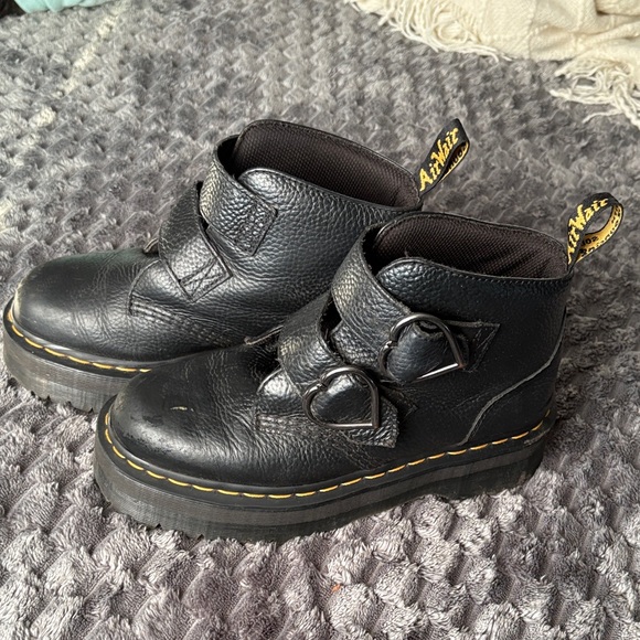 Dr. Martens Shoes - Dr. Martens Black Leather Platform Ankle Boots with Heart Buckles